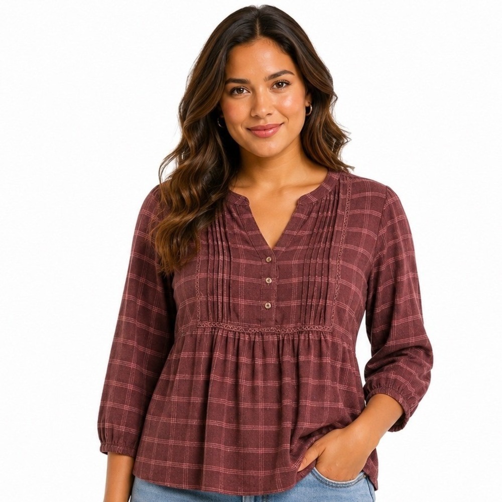Wrangler Plaid Blouse M New Brown Boho Pintuck Henley Long Sleeve Western Tops